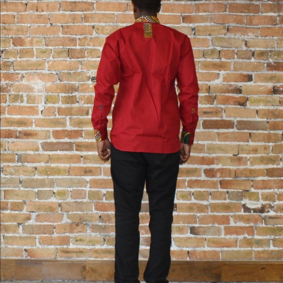 Red Long Sleeve Button Front Dashiki Shirt - Picture 5 of 5